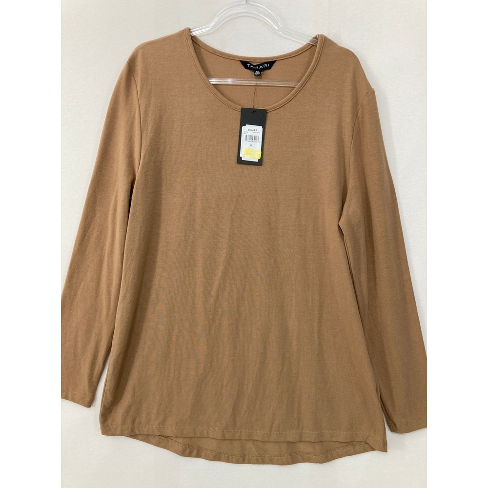 New Tahari Top‎ XL Long Sleeve Camel Tan Knit Stretch Neutral Minimalist